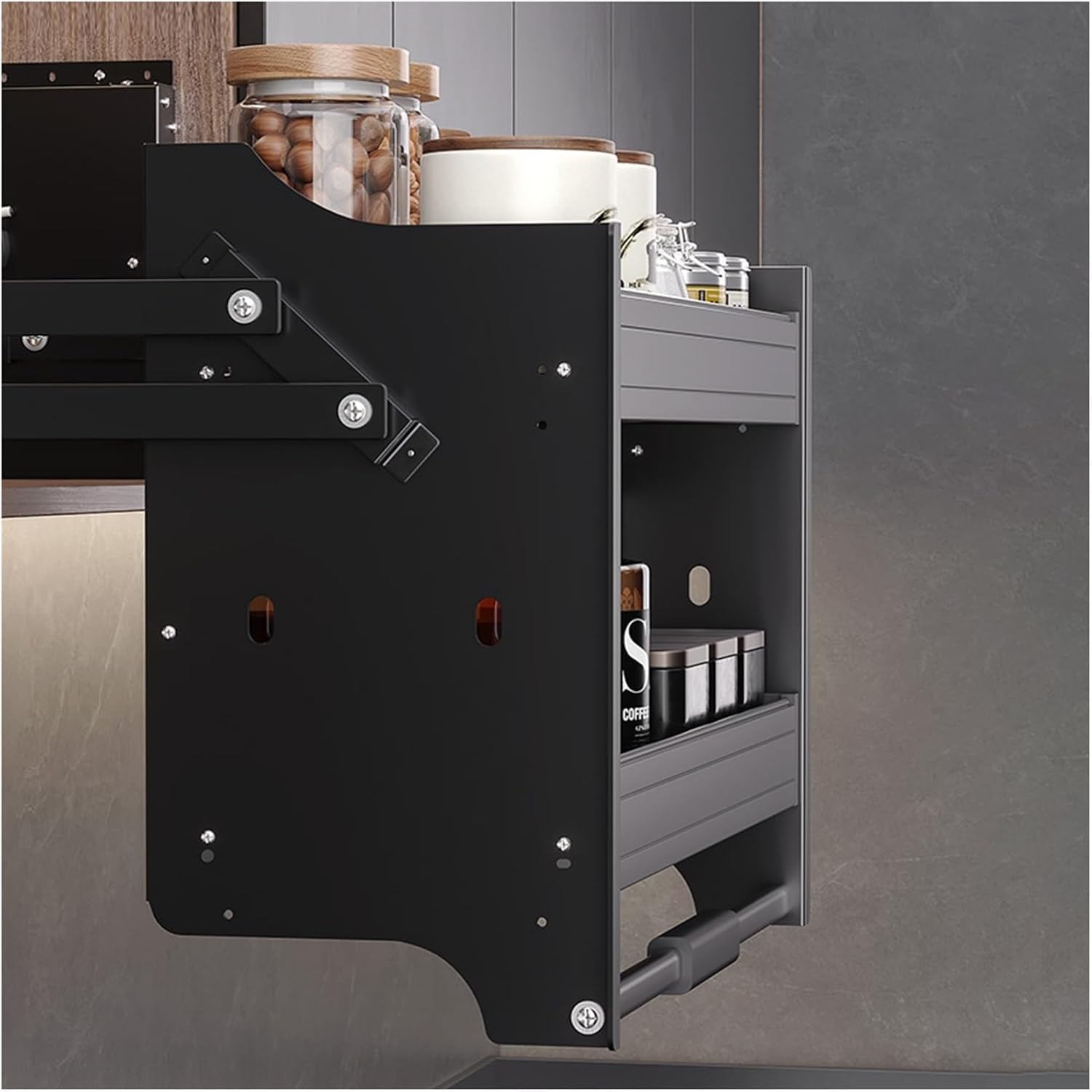 2 Tier Metal Pull Out Tilt Down Spice Rack Pull Out Cabinet Organizer, High Pull Down Shelf for Kitchen Upper Cabinet, Hanging Mounted Above Fridge Pull-out Cabinets(81x26x53cm/32x10.2x20.8i