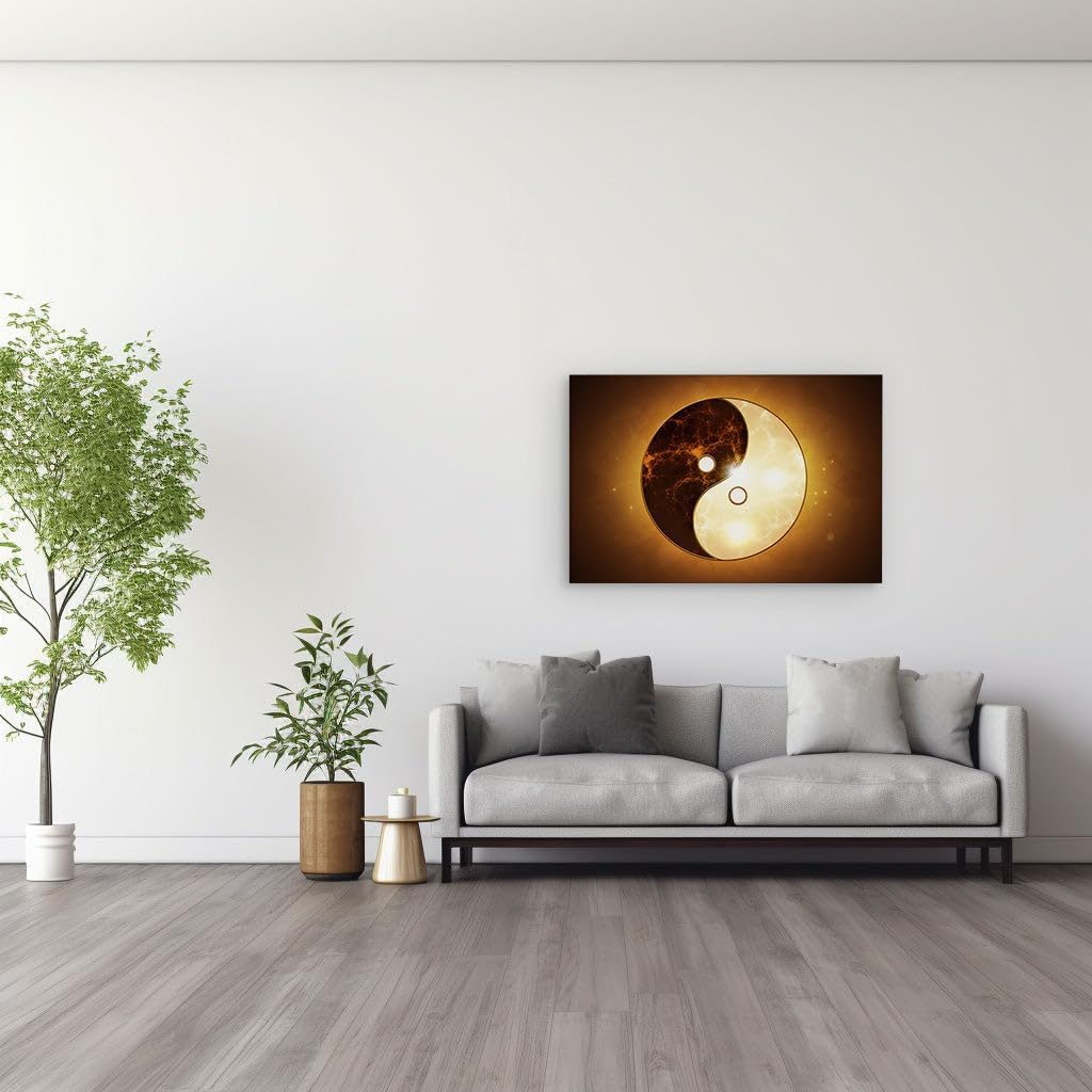 Canvas for Living room. Harmony Envisioned: Yin and Yang Amidst a Golden Cosmos, 27 x 18 inch Canvas Wall Art - Contemporary Masterpieces - Modern Home Decor