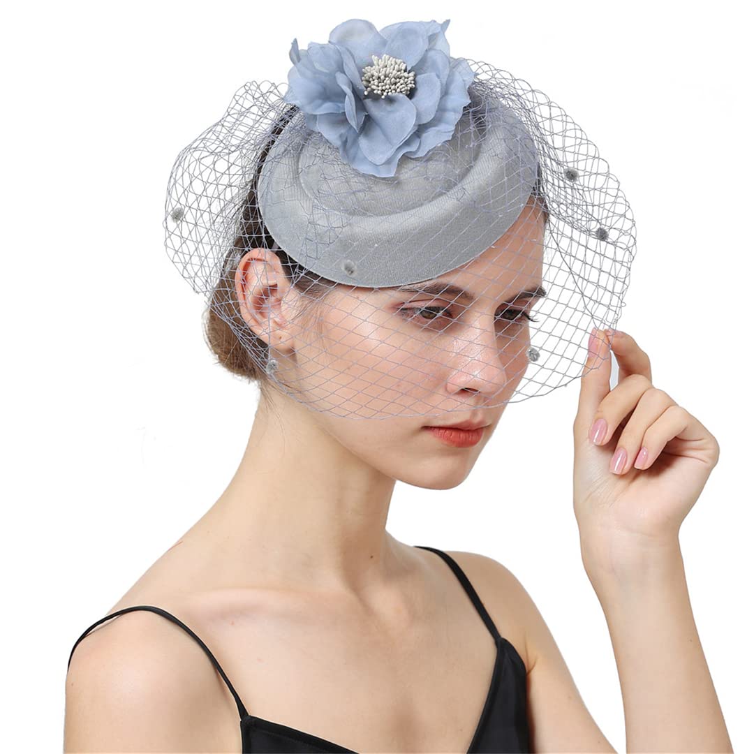 FBHappiness Women Fascinator With Face Veil Wedding Headwear Bride Headpece Hair Clip Headband Party Fedora Cap,Feather Flower Hair Clip(Grey)