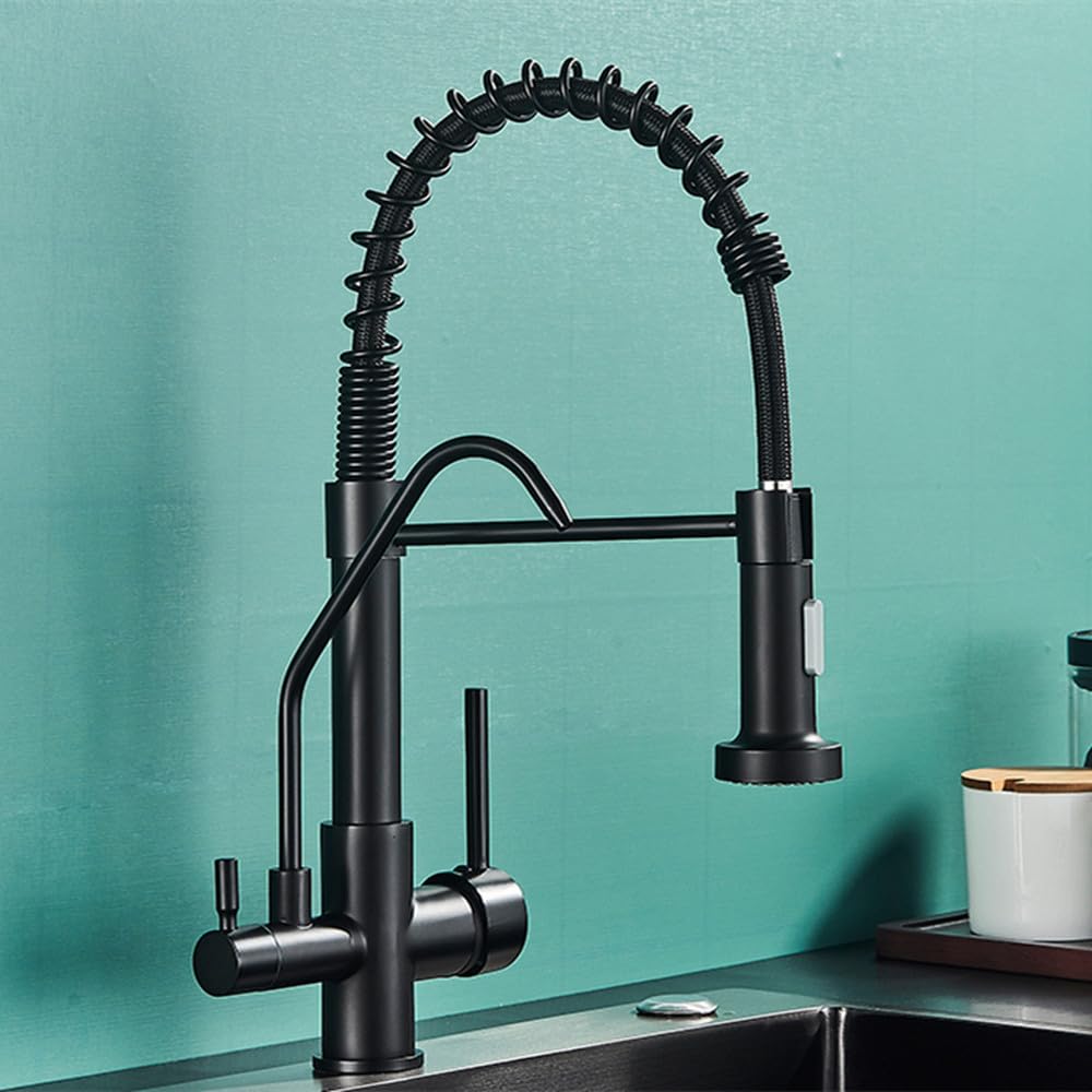 Robinet de cuisine à tirette noir mat mitigeur eau pure chaude et froide pivotant