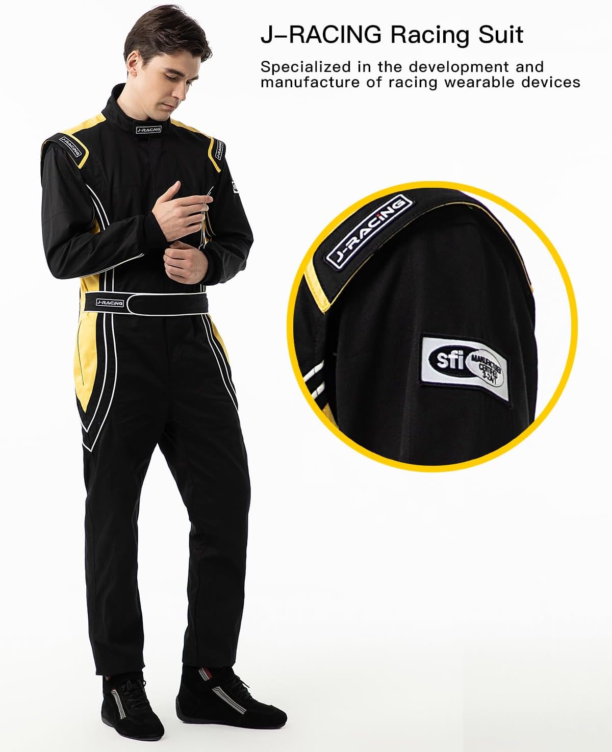 J-RACING® Racing Suit Karting Suit/Race/Rally Go Kart Auto Racing Fire SFI 3.2A/1 Black Yellow - Image 2
