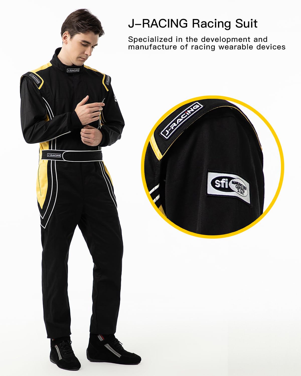 J-RACING® Racing Suit Karting Suit/Race/Rally Go Kart Auto Racing Fire SFI 3.2A/1 (Black/Yellow-L)