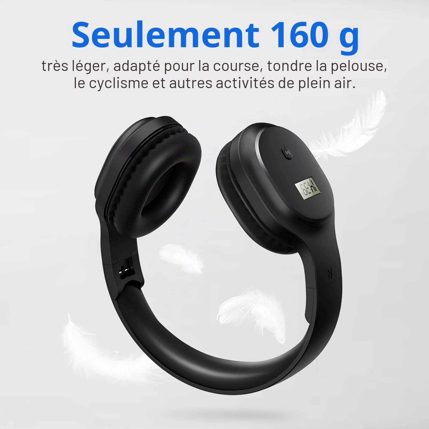 Casque sans fil avec radio FM et Bluetooth 5.0, casque portable rechargeable avec microphone intégré, cache-oreilles léger et confortable pour jogging, tonte, cyclisme, etc