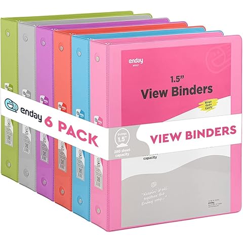 3 Ring Binder, 1.5 Inch Clear View Cover with 2 Inside Pockets Binder, Colored School Supplies 1 ½ Inch Round Ring Binders, in Pink Red Blue Purple Green and Grey, Multicolor (6 PC) - by Enday Cover