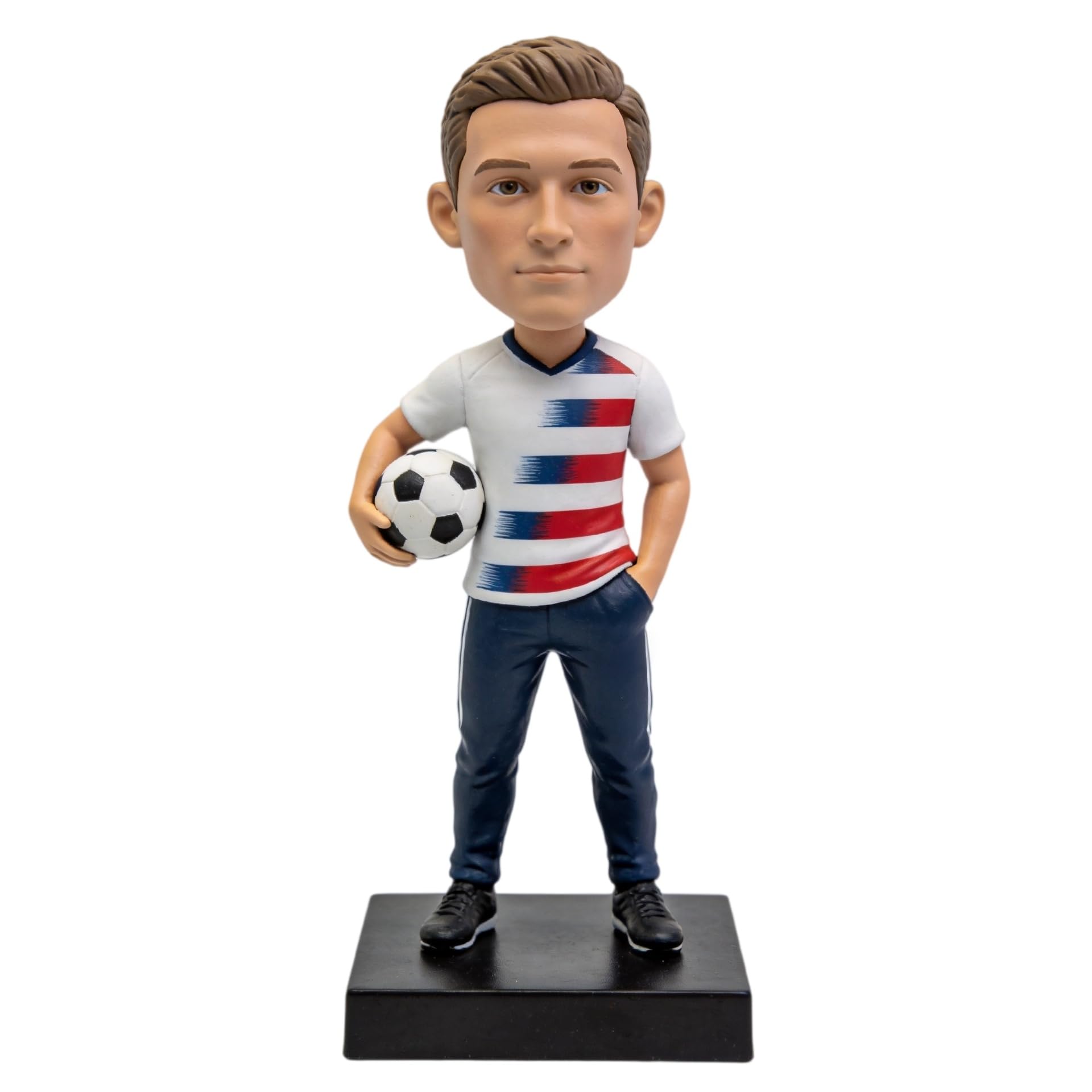 Bobblehead di calciatore personalizzato, statuetta 3D personalizzata dalla foto, bambola a corpo intero in argilla polimerica fatta a mano con mini palla da calcio, statua di atleta per compleanno