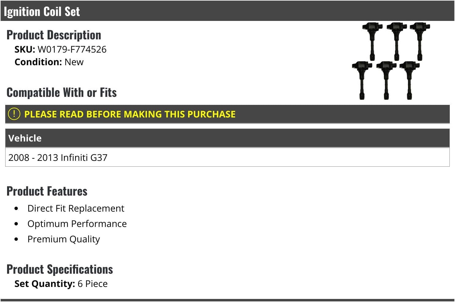 Ignition Coil Set of 6 - Compatible with 2008-2013 Infiniti G37