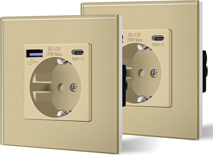 BSEED Enchufe Pared con 20W USB y Tipo C,Enchufe USB C de Cristal,Carga Rápida,3 en 1，Fácil Instalación,1 Enchufe-2 Pack
