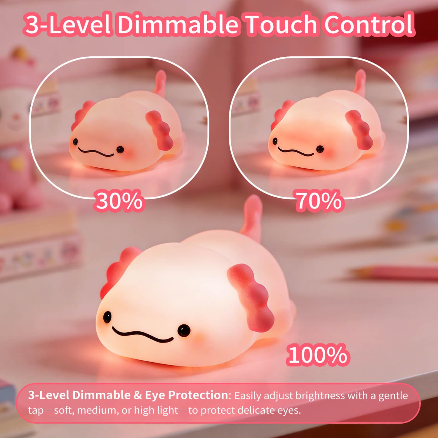 Axolotl - Luz nocturna para niños, silicona blanda de 3 niveles regulable, control táctil, bonita luz nocturna con temporizador, portátil, recargable por USB, lámpara de noche rosa, regalos