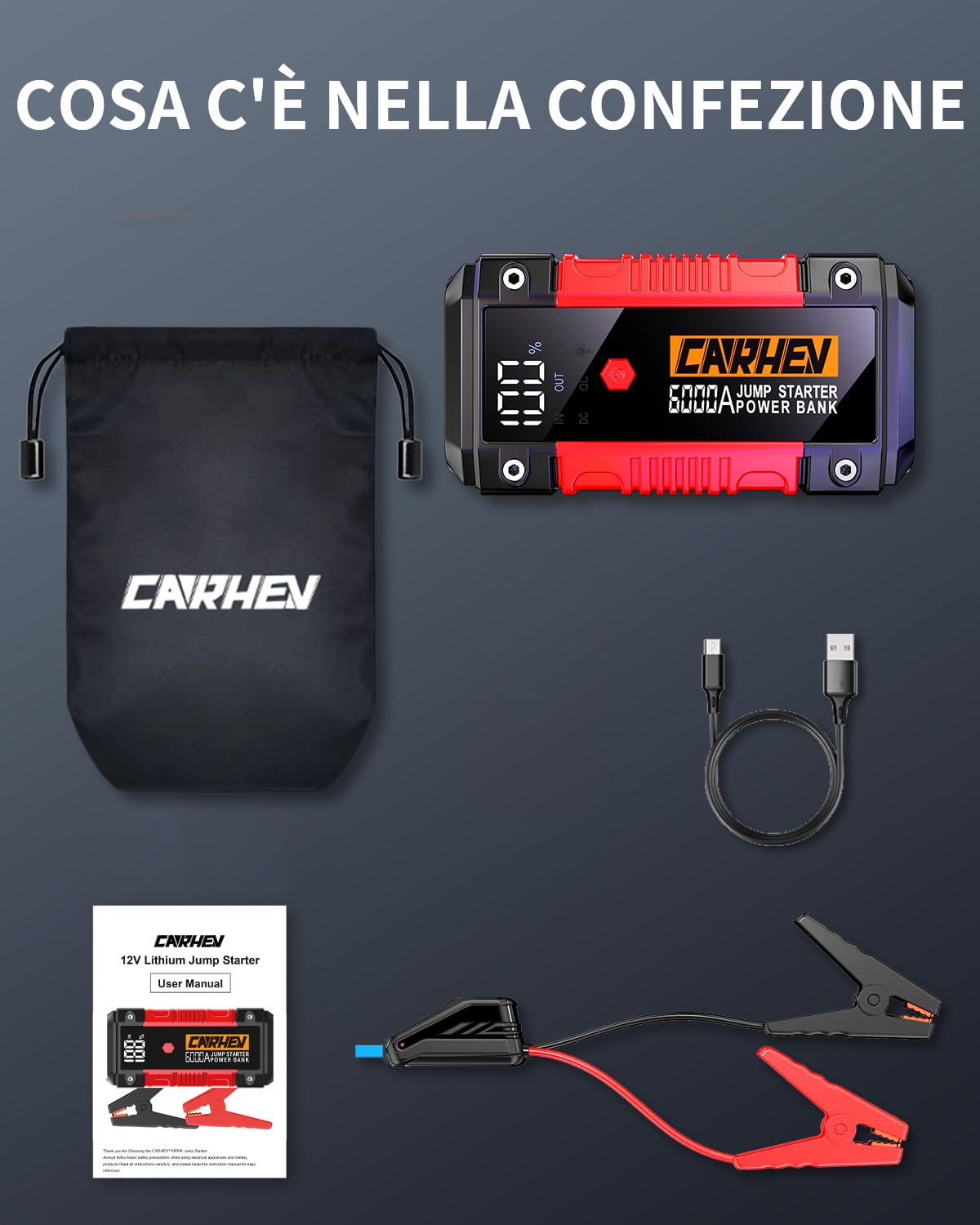CARHEV Avviatore Batteria Auto, 6000A Avviatore di Emergenza per Auto(Fino a 10L Benzina/10L Diesel), 12V Booster Avviamento Autos, Starter Batteria Autos Portatile con Torcia a LED, Uscita USB Rapida