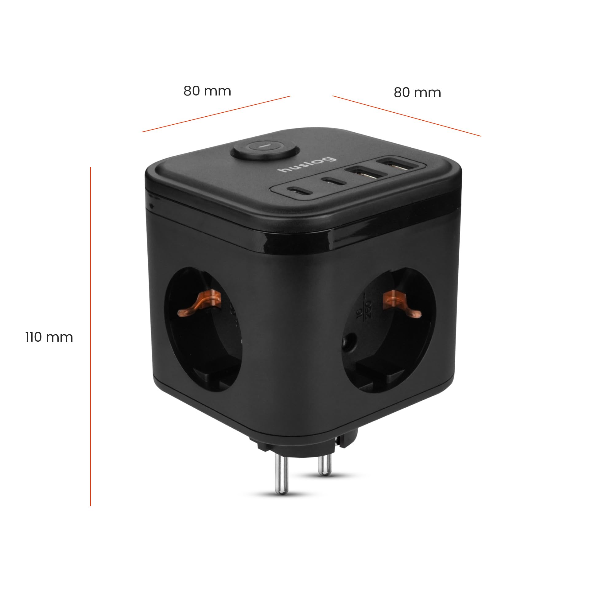 Cubo Multipresa 3 Prese AC 4 USB-C USB-A 3680W Compatta Ignifuga Interruttore ON/OFF Nera