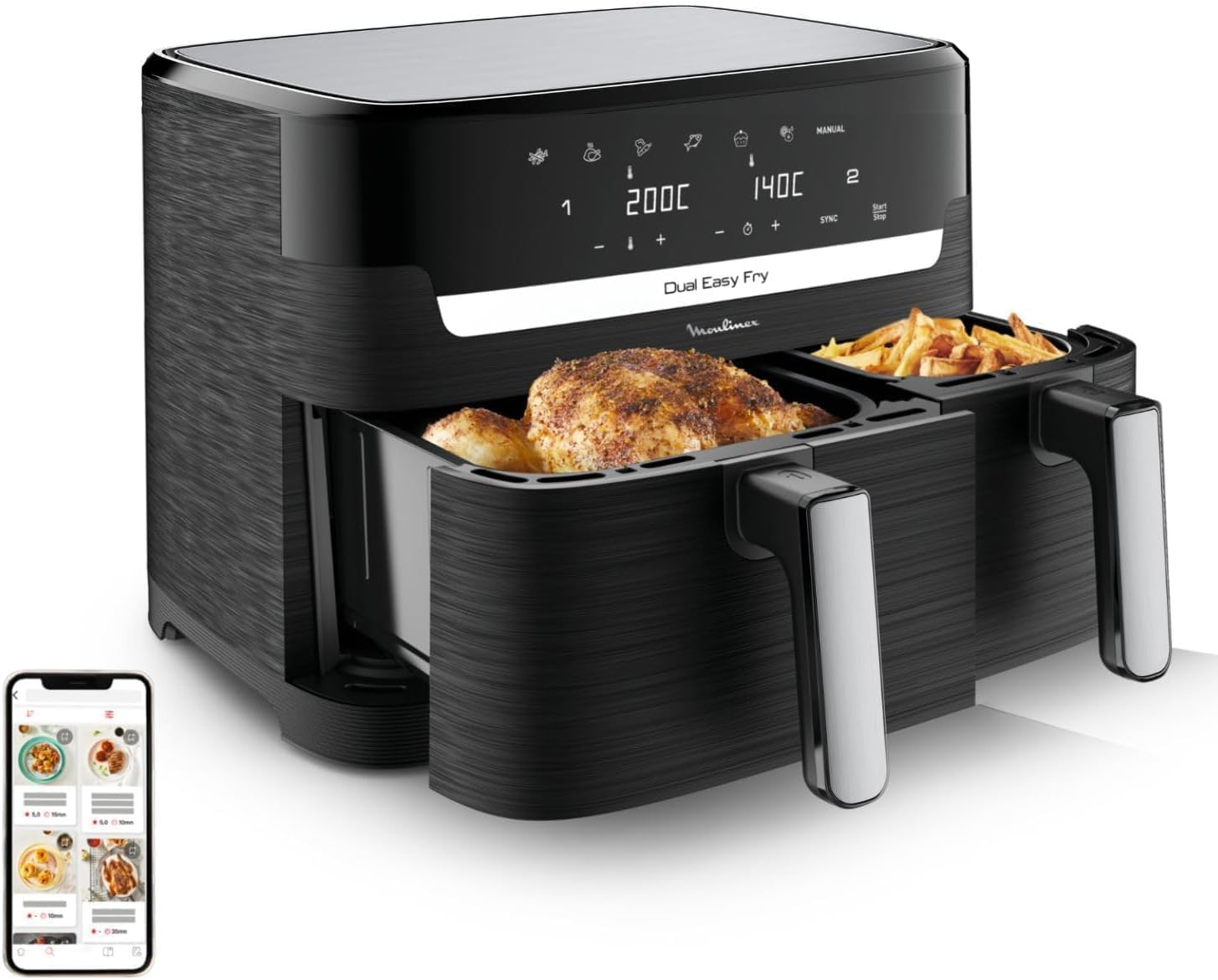 Moulinex Dual Easy Fry 8,3 L – Freidora de aire dual, ahorro energético de hasta 70%, capacidad de 5,2 L y 3,1 L, 7 programas, resultados crujientes, apto lavavajillas, recetario digital, EZ9018