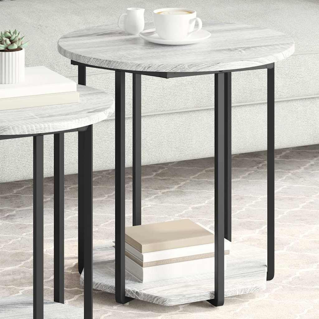 Juego de 2 mesas auxiliares con estante, color gris, diseño industrial, mesa de centro de madera y metal, mesa cuadrada para salón y dormitorio