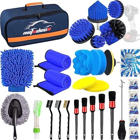 AUTODECO 30Pcs Car Detailing Brush Set, Car Detailing Kit, Auto Detailing Drill Brush Set, Car Detailing Brushes, Car Wash Cleaning Tools Kit for Interior, Exterior, Wheels, Blue Cover