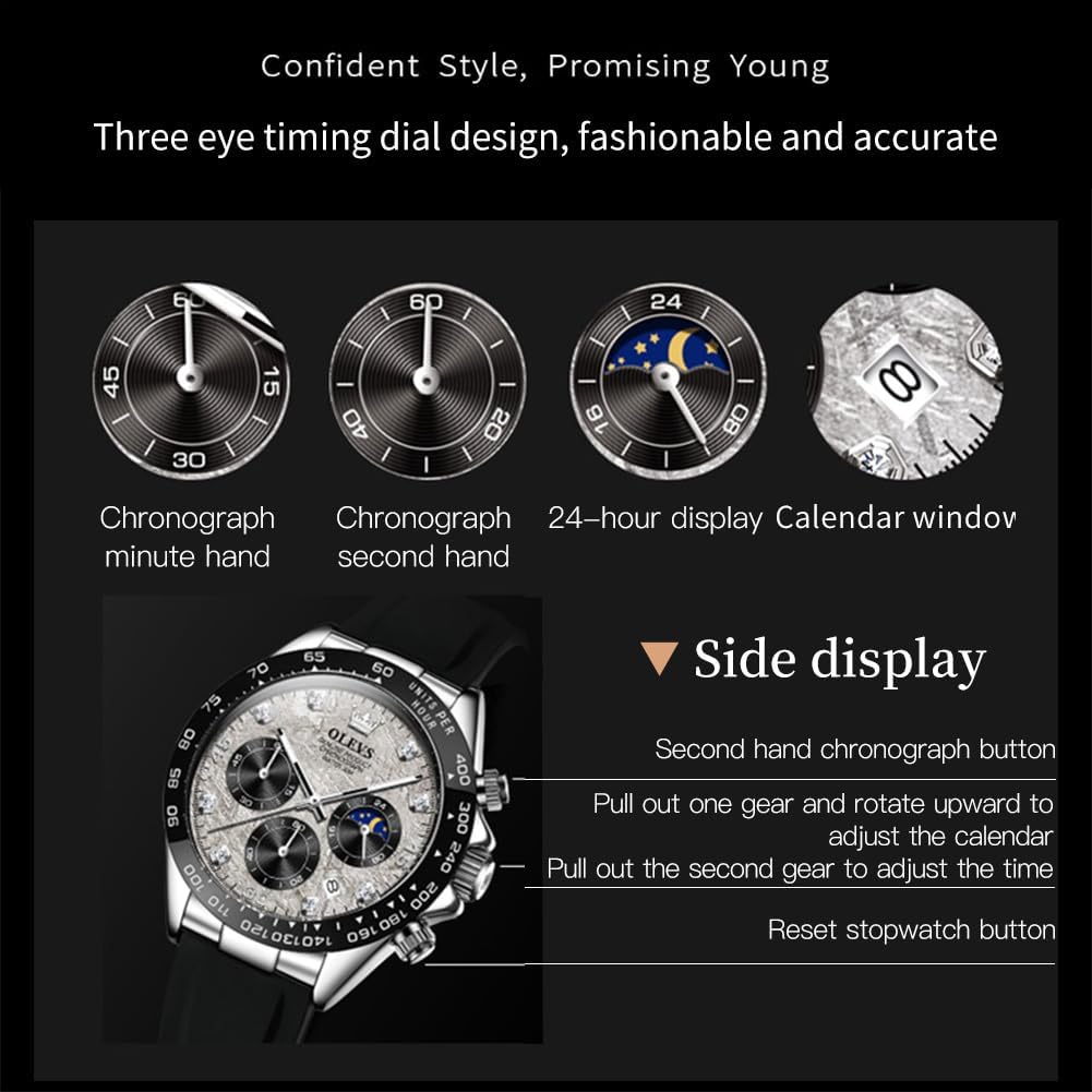 OLEVS Watches for Men Business Diamond Moon Phase Male Watch Chronograph Fashion Dress Waterproof Date Analog Quartz Waterproof Men Wrist Watch - Image 5