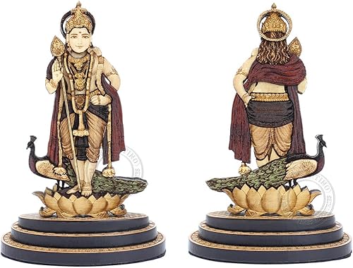 Miniatura 2 de Estatua tallada en madera de Lord Murugan de 4 pulgadas en maderas duras exóticas - Ídolo de Lord Kartikeya hecho a mano en varias capas,