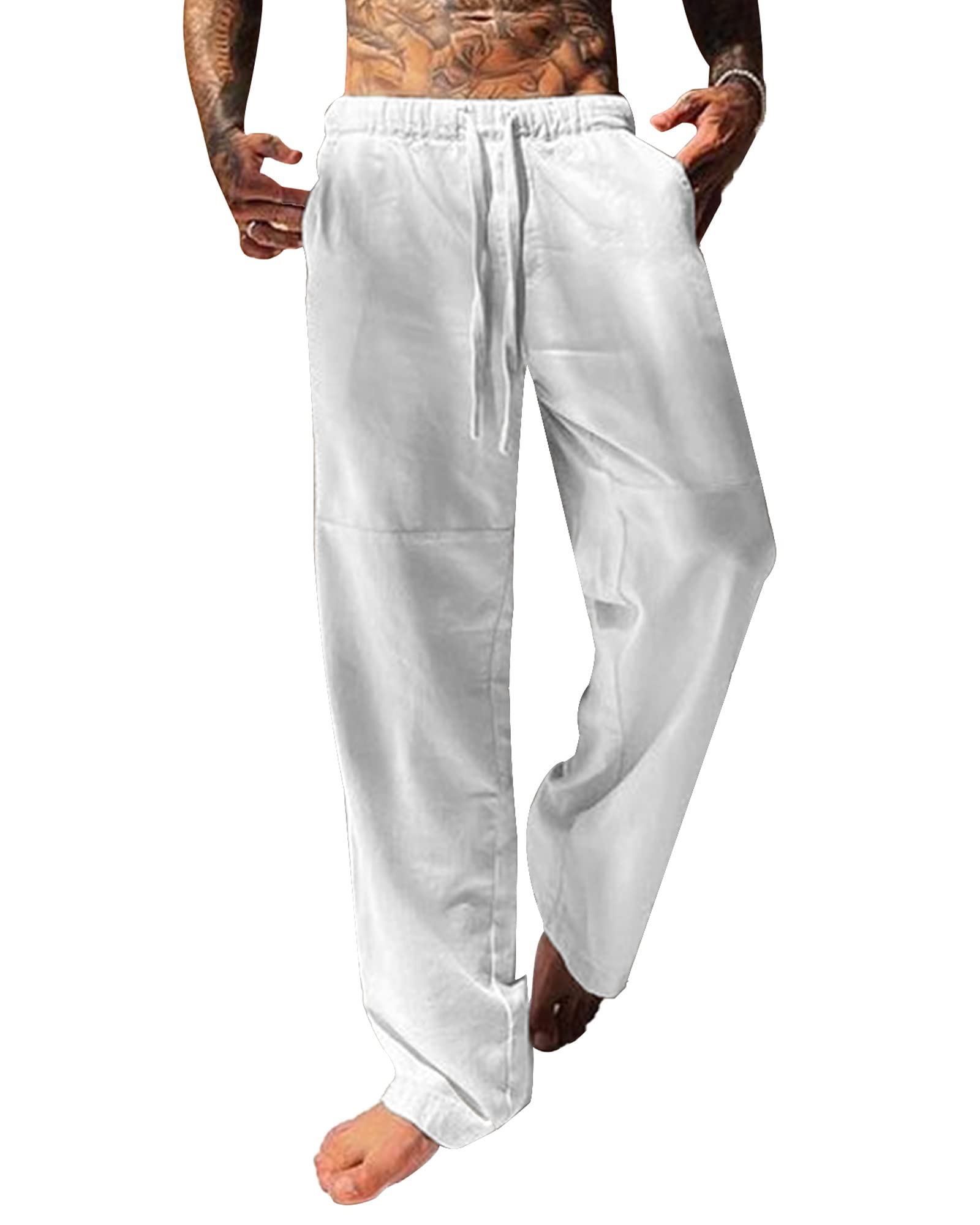 YAOBAOLE Herenbroek, linnen broek voor heren, lang, met zakken, elastische tailleband, universele pasvorm, wit, L