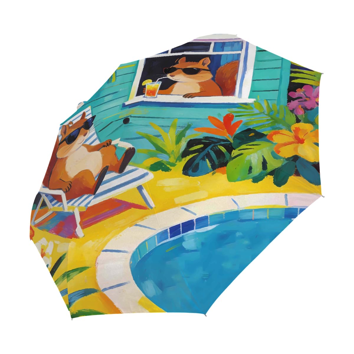 Divertente ombrello pieghevole con scoiattolo tropicale ombrello da viaggio compatto antivento impermeabile con protezione UV rivestimento nero leggero 8 stecche portatile per pioggia sole