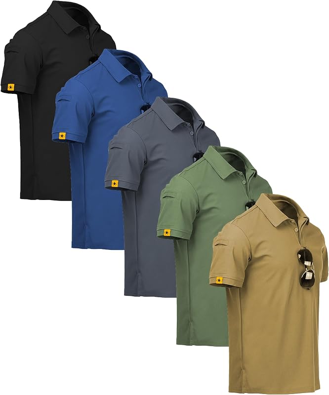 5 Pack Mens Polo Shirts Short Sleeve Athletic Casual Golf T-Shirt | Machine Washable, Quick Drying, Breathable, Moisture Wicking, Multipack Summer Top, Sleeve Pocket, Camping, Tactical Training
