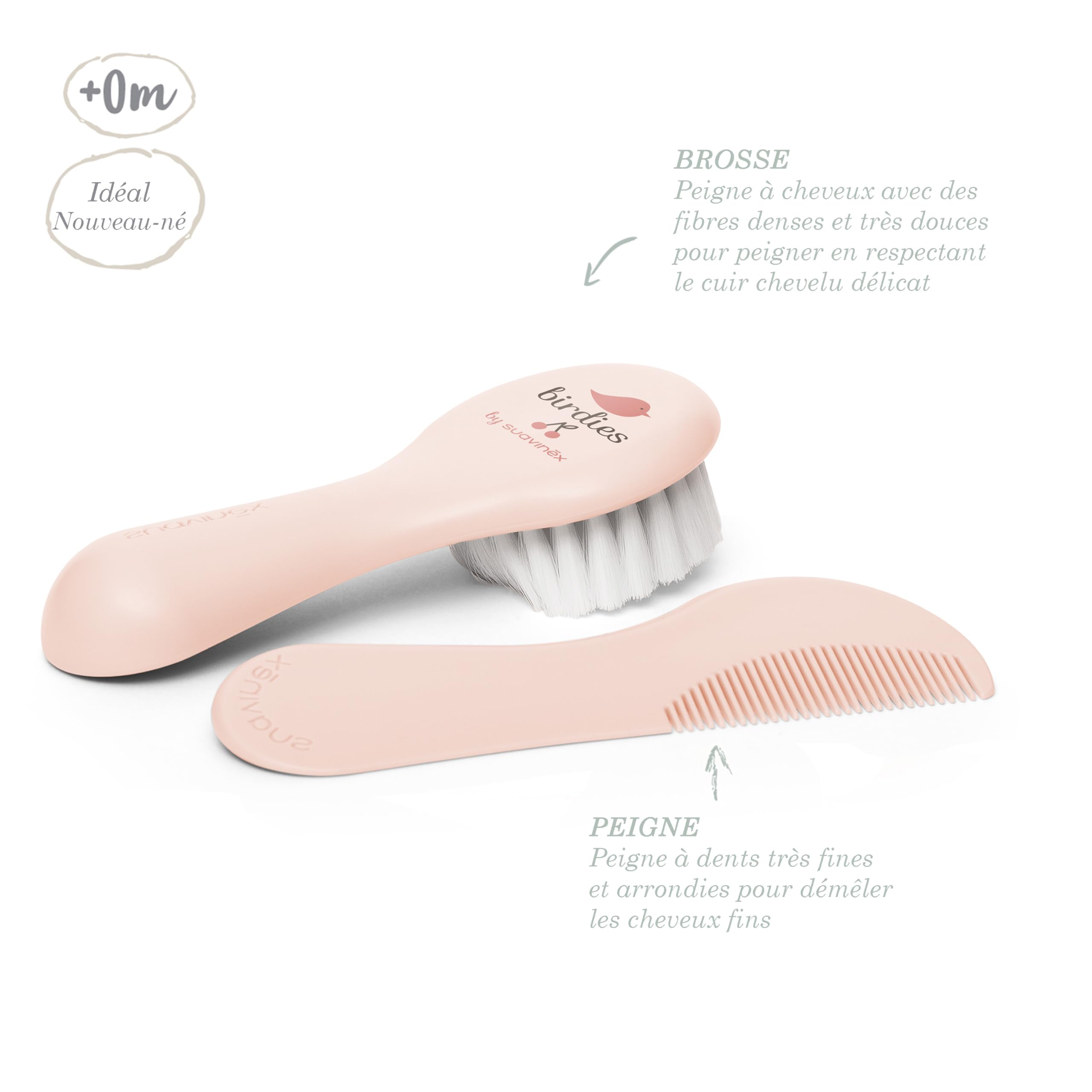 Suavinex, Brosse à cheveux pour bébé et Peigne. Lot Brosse - Peigne pour nouveau-nés. Fibres très Douces. Hygge Collection. Rose