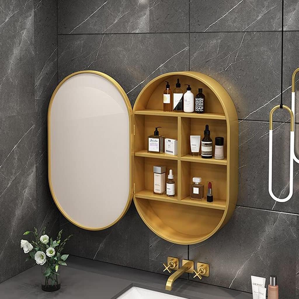 Bathroom Mirror Cabinet, Wall-Mounted Storage Cabinet, Solid Wood Oval Bathroom Mirror Cabinet, Bathroom Vanity Mirror,Gold-50 * 80cm