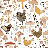 FunStick Carta da Parati Cucina Rustica Campagna Casale Animali Carta Adesiva per Mobili Foglie Funghi e Polli Beige Impermeabile Pellicola Adesiva Bianca Camera da Letto Bagno Fantasia 44.5CMx3M