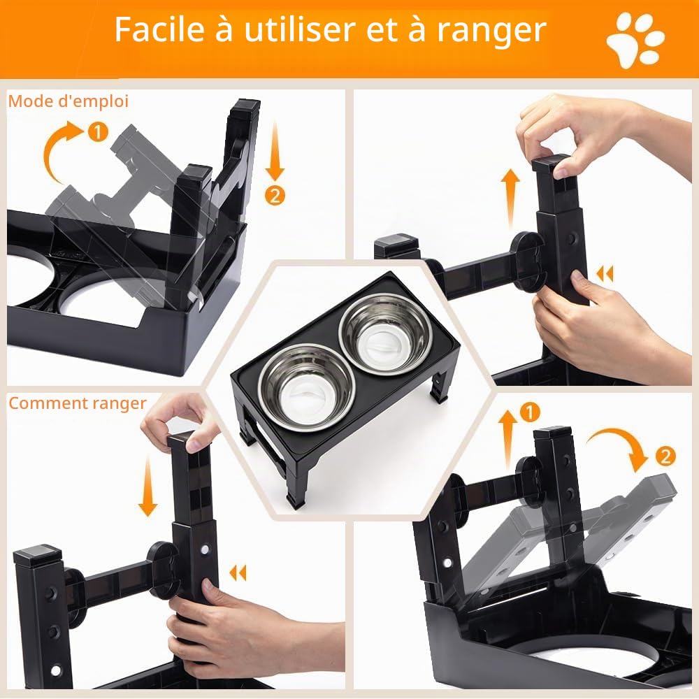 Marchul Gamelle Chien Surélevées de 4 Hauteurs Ajustables, Gamelle pour Chien avec 2 Bols en Acier Inoxydable, Pliable, Antidérapant, Convient aux Petits, Moyens et Grands Chiens