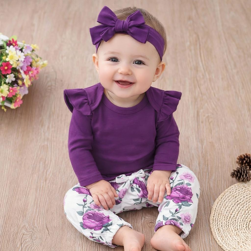 Baby Girl Clothes 3-Piece Outfit Set, Ruffle Long Sleeve Romper with Floral Pants and Headband