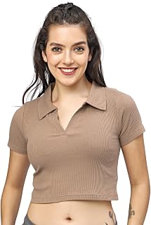 TICKLED PINK Womens & Girl's Stylish Solid Polo Collar Short Sleeves Crop T-Shirt, Tops,Crop Tanks & Trendy Tops Price In India