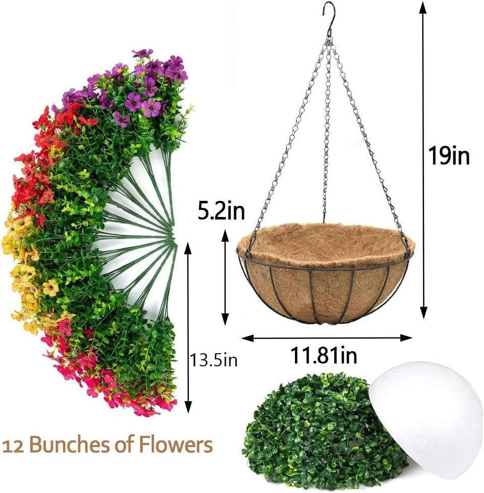 Jasion Artificial Hanging Flower Basket for Outdoors UV Resistant Faux Silk Spring Flowers Eucalyptus in Planter Realistic for Porch Patio Balcony Garden Home Decor