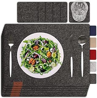 Felt Placemats Including Coasters, Set of 12 I Felt Table Place Mats I Set of 6 I Heat Resistant, Washable Scandi Style Felt & Leather Placemats (Anthracite)