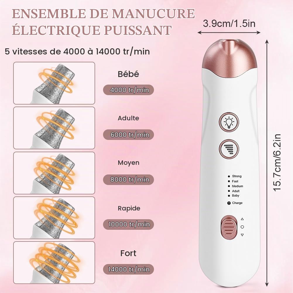 Set De Manucure/Pédicure, Kit De Soin Des Ongles Électrique, Ponceuse Pour Ongles Avec 8 Embouts, 5 Vitesses Et Deux Sens De Rotation, Ensemble Manucure/Pédicure Pour Le Soin Mains Et Pieds