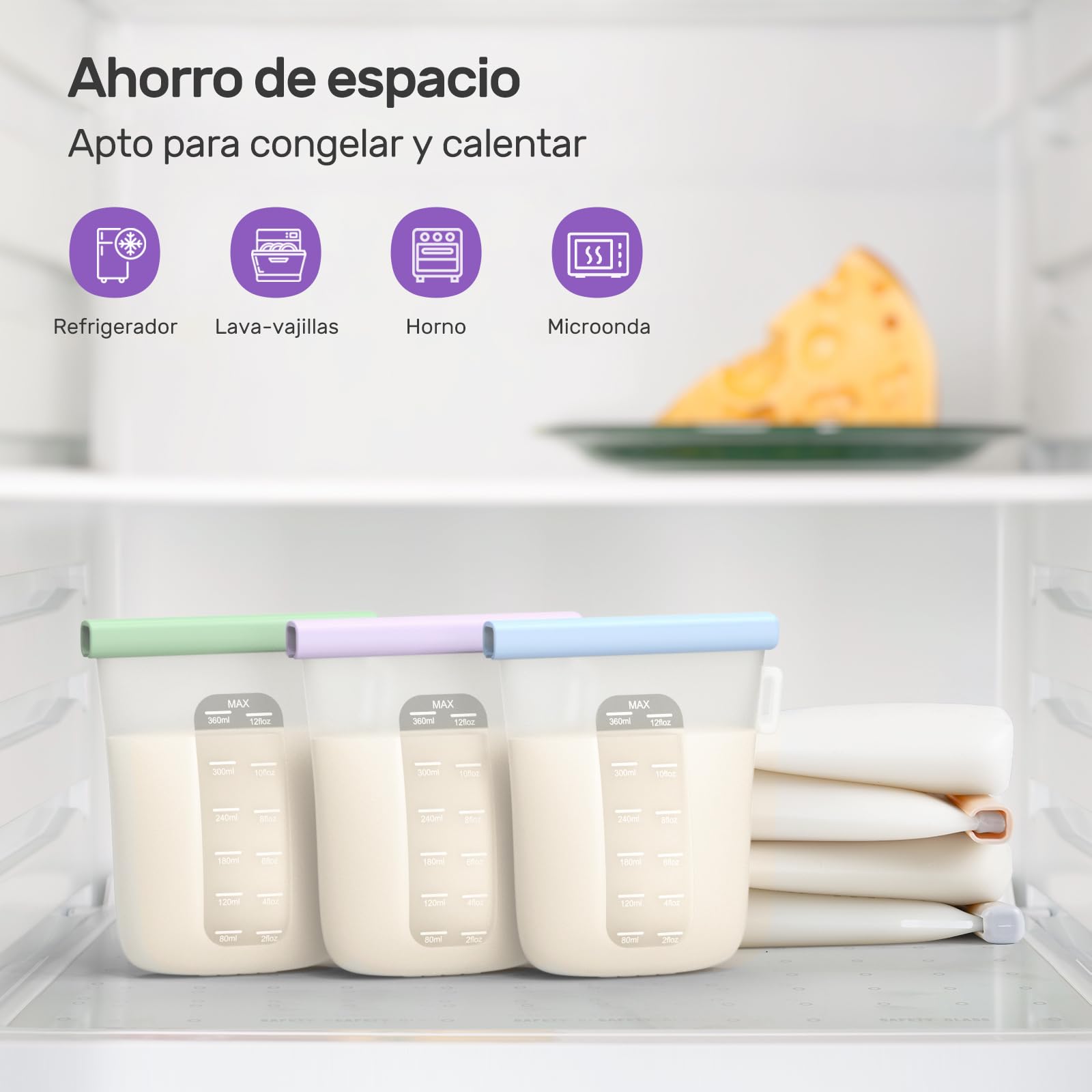 Nuliie 7 Uds Silicona Bolsas Leche Materna Reutilizable, 12oz/360ml Bolsas Leche Materna Congelar Doblemente a Prueba de Fugas, Sin BPA Autoportantes Bolsas Almacenamiento Leche Materna