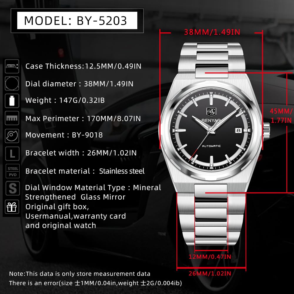 BENYAR Business Herrenuhr Wasserdicht Simulation Automatikuhr Edelstahl Sportmaschinen Uhr Automatik Kalender