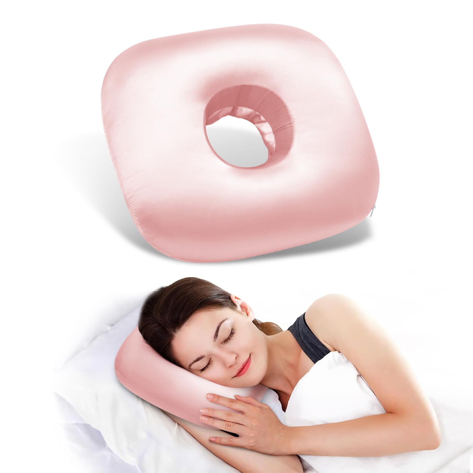 Orthopedic Ear Hole Pillow for Side Sleepers - Relief for Piercing Pain, Ear Inflammation & Pressure Sores - O-Shaped Cotton Sleep Pillow for CNH, Hearing Aids & Sensitive Ears (Light Pink Silk) — image 1