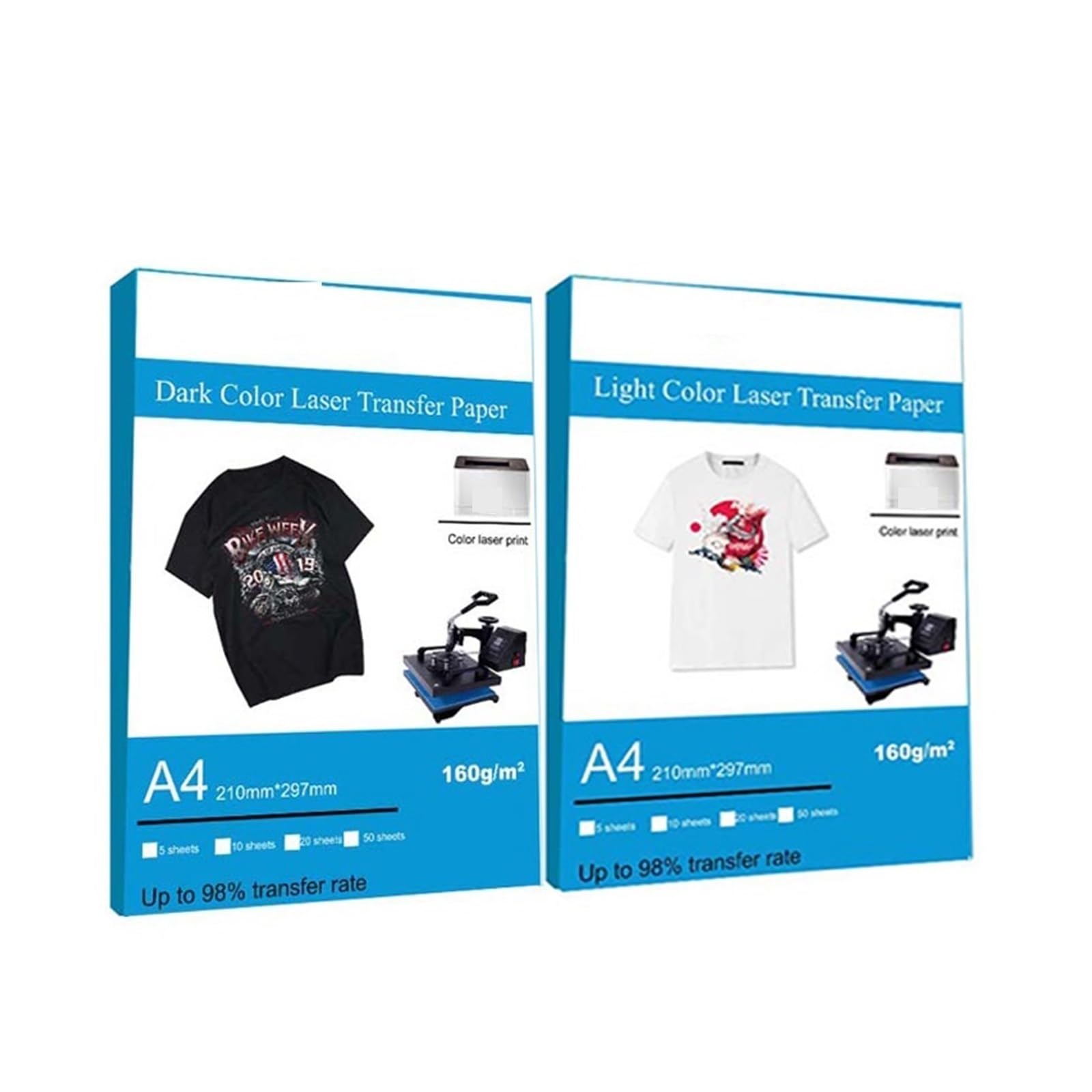 DAVBIR Impresora de tóner láser de Color claro oscuro A4, papel de transferencia térmica, tela de camiseta de algodón puro perfection (Color : 20pcs light)