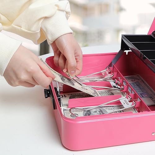 Vista 31 de Jssmst - Caja grande de seguridad para dinero con bandeja; caja con cerradura para dinero con cable de seguridad y cerradura de llave, de metal