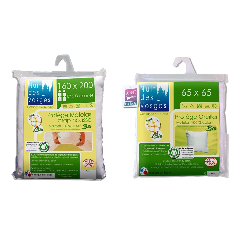 Protège-matelas bio Nuit des Vosges en coton molleton et sa sous-taie assortie