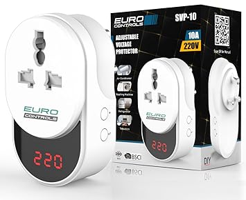 EuroControls Euro SVP-10 10 Amp Digital Adjustable Under/Over Voltage Protector & Spike Protector Socket Voltage Guard with Display - Time Delay & India Compatible socket & Plug with auto recovery