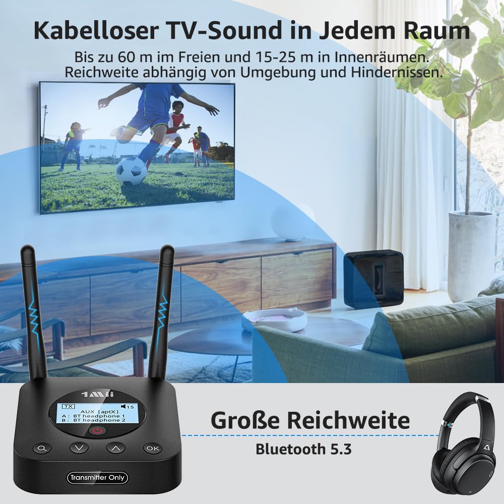 1Mii B06TX+ Bluetooth 5.3 Transmitter für TV mit Display, aptX Adaptive/HD/LL, Dual Link für 2 Kopfhörer, PC & Projektor, hohe Reichweite, Optical 3.5mm RCA Koaxial