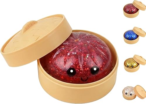 Dumpling Squishies Glitter Dumpling Mystery Box Colorful Dumplings Stress Balls Easter Basket Stuffers, Stocking Stuffers with Food Steamer Stretchy Desk Toys (Glitter Red)