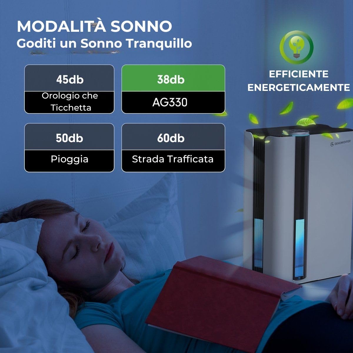 AG 330 Deumidificatore e Purificatore d'Aria Portatile con Filtro al Carbone, 1L/gg, Serbatoio 2,7L, per Ambienti fino a 35m², Luce LED 7 Colori