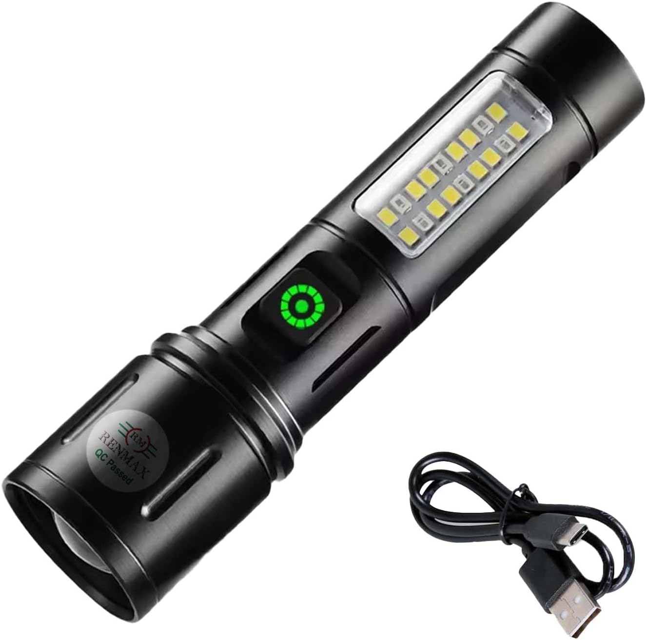 RENMAX Super Bright Hand LED Torch | 6-Light Modes | 2000mAh Rechargeable Battery with C-Type Fast Charging | Rainproof Metal Body -1 Pc (14 Cm Black)