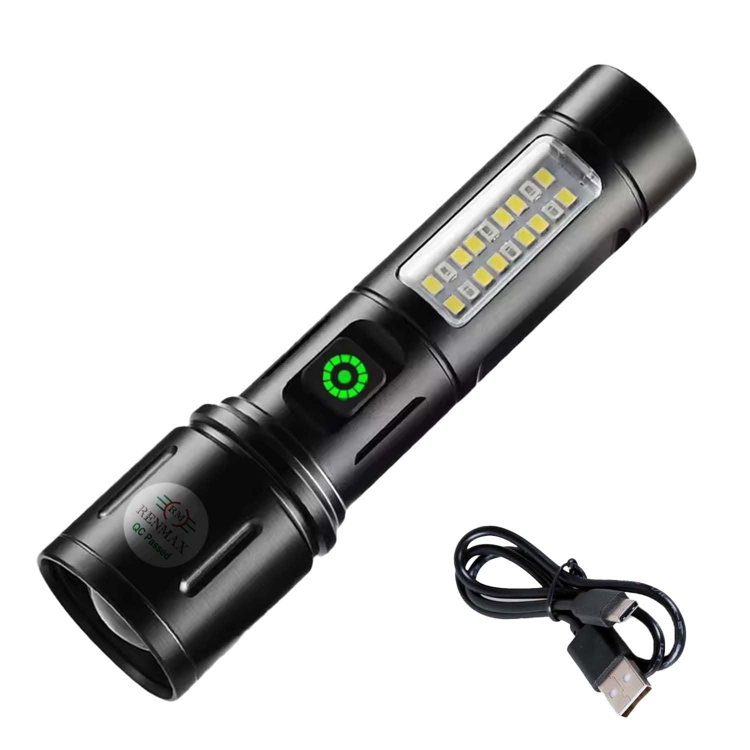 RENMAX Super Bright Hand LED Torch | 6-Light Modes | 2000mAh Rechargeable Battery with C-Type Fast Charging | Rainproof Metal Body -1 Pc (14 Cm Black)