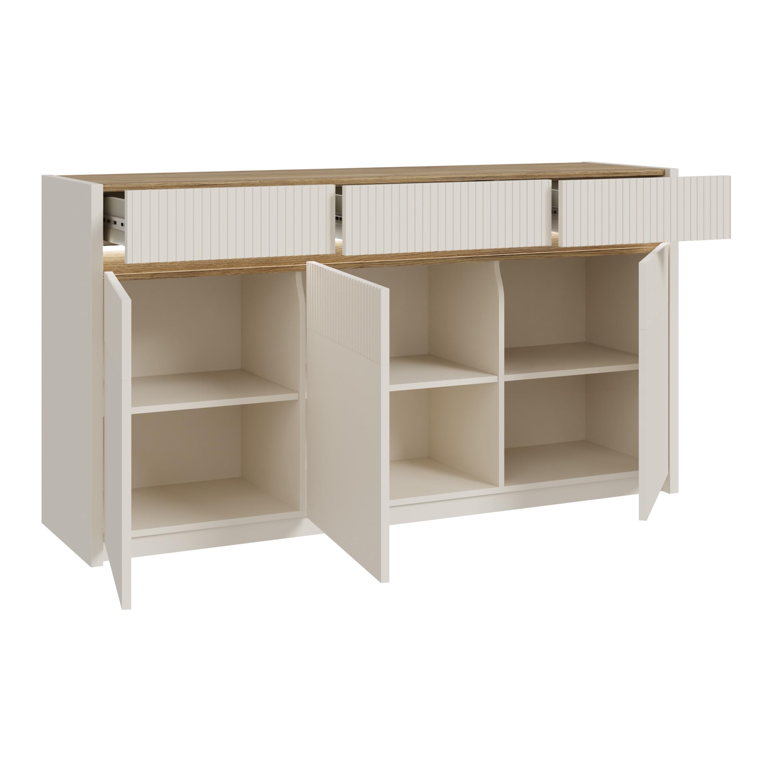 Forte Oak SQUERE Sideboard 160, Elegantes Sideboard mit 3 Türen, Beleuchtung und Lamellendesign, Holzwerkstoff, Mauvella Eiche Dekor/Sand, 160 cm breit x 85,9 cm hoch x 41,5 cm tief