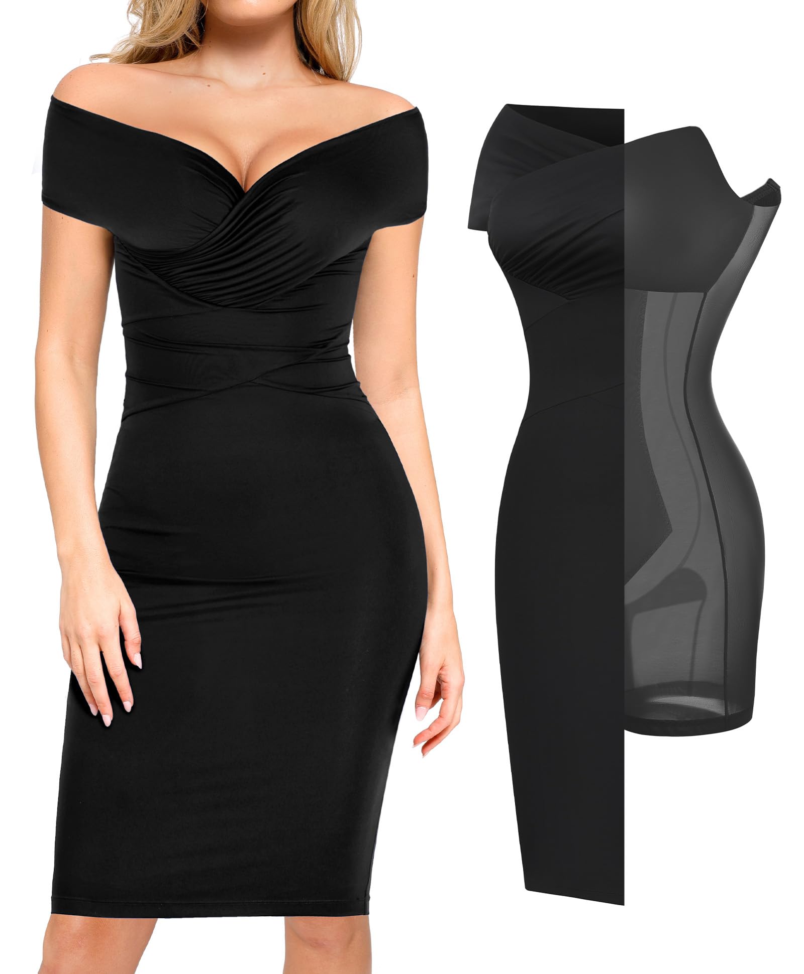 Popilush Womens Shapewear Midi Dress Off Shoulder Wrap V Neck Formal Wedding Guest Cocktail Dresses Bodycon Evening Gowns