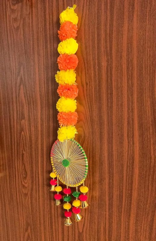 EXEMARTZ Decorative Marigold Hanging Latkan with Ring Bells | Artificial Fluffy Flower Hangings for Home, Mandir, Wedding & Festival Decoration | Orange & Yellow Traditional Dcor | Set of 5 3