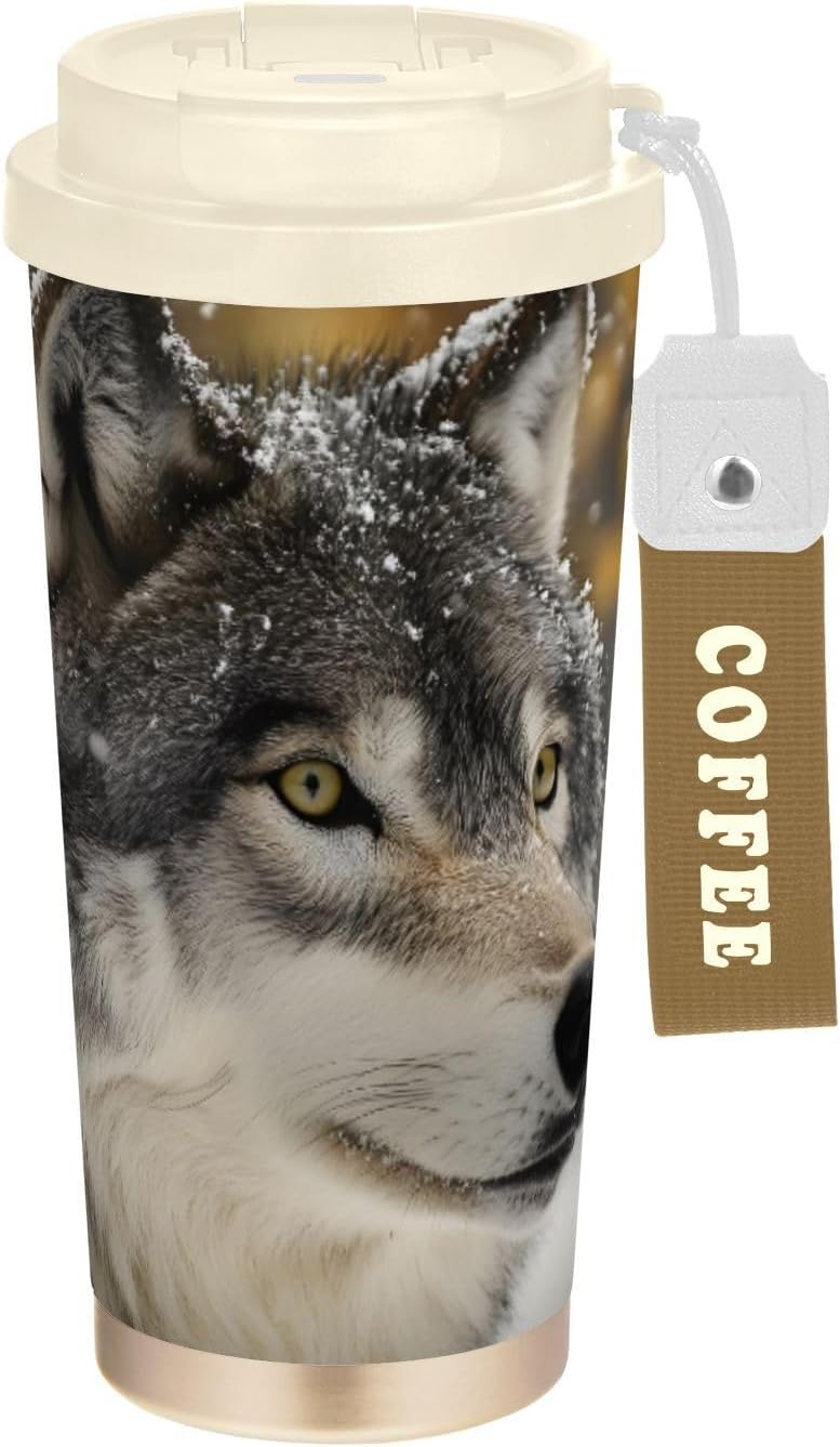 Insulated Coffee Mug Wolf Winter Cool with Straw & Flip Lid, 16.9oz Iced Tumbler Cup, Double Wall Vacuum Mug for Travel Office Camping