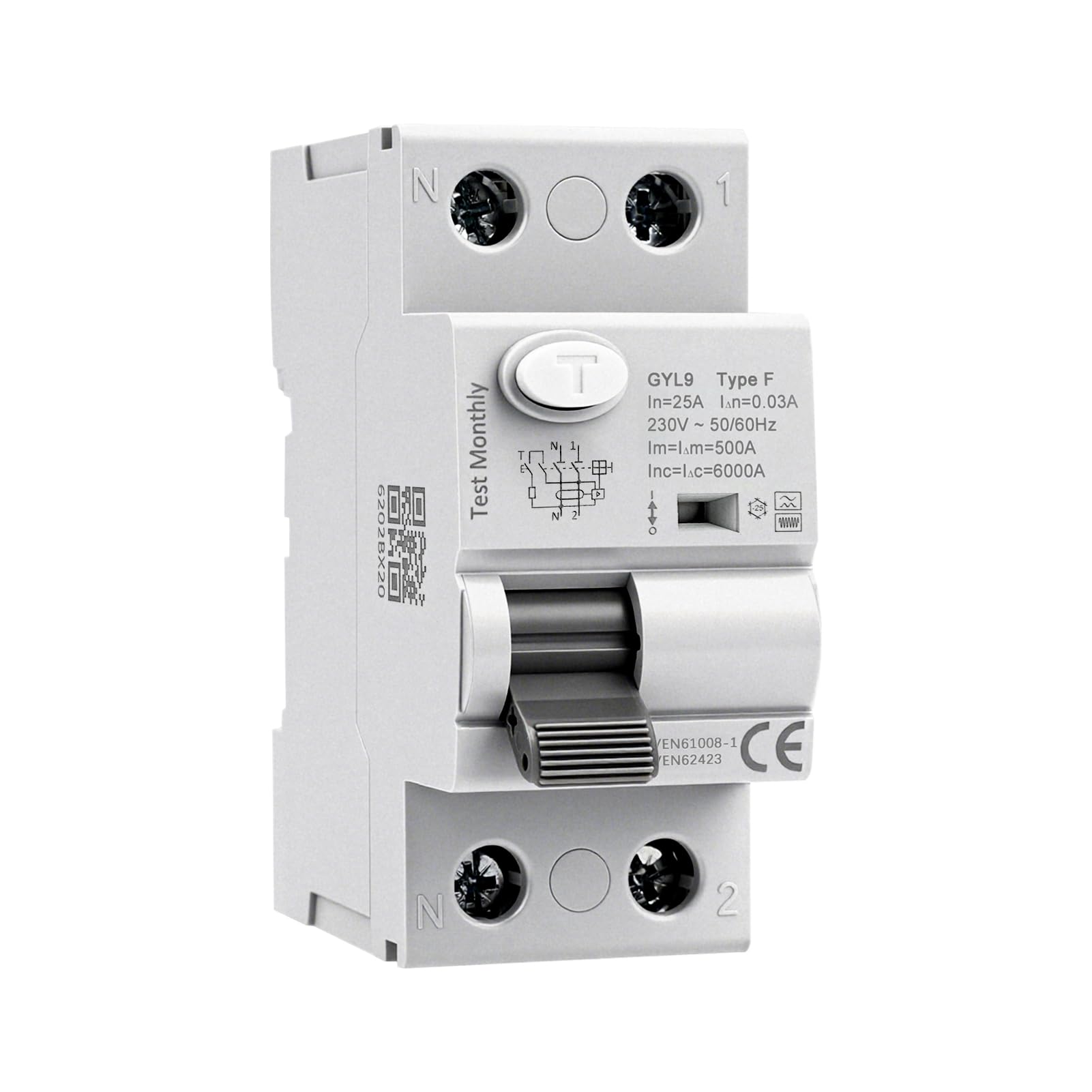 Interruttore Differenziale Magnetotermico 25A 30mA AC230V 2P Magnetotermico Differenziale Tipo F 6kA, per carichi monofase a frequenza variabile condizionatori d'aria lavatrici pompe idrauliche GYL9