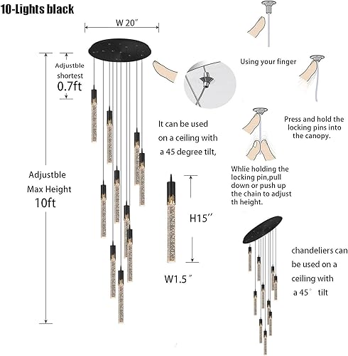 Miniatura 3 de 10ft-2ft Adjustable Long Attic Pendant Chandliers 10-Light Black Metal Transparent Crystal with Bubble Pendant Light High Ceiling Crystal Chandelie