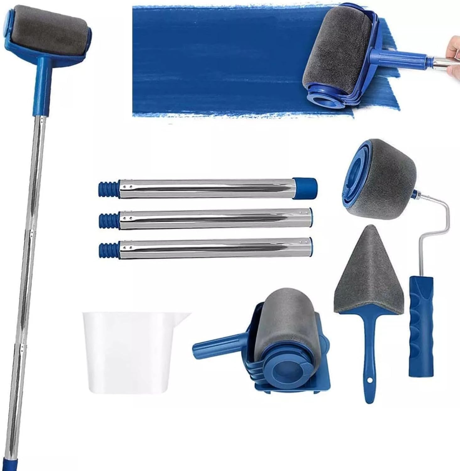 Sizi Blue & Grey 8-Piece Refillable Paint Roller Kit With Edger, Corner Brush & Telescopic Handle – Mess-Free Decorating Tool Set For Walls, Ceilings & Trim